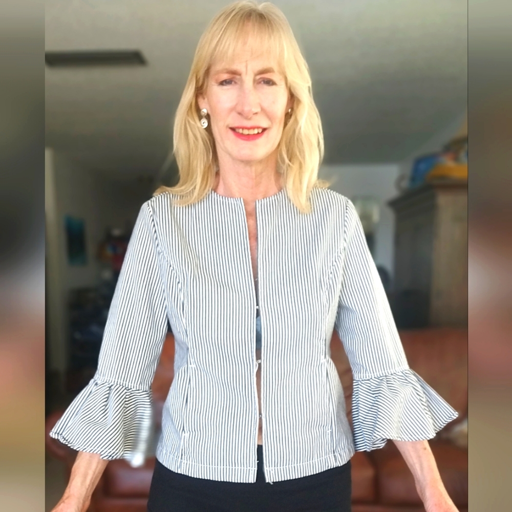 Live A Little Navy and white striped jacket with flounced sleeve
